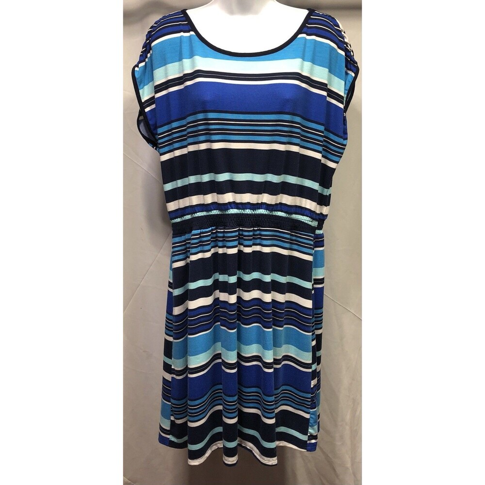 Vintage Faded Glory shirt dress 2X Blue Stripe Midi Short sleeve sporty 90s